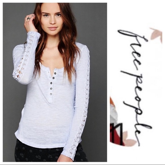 Light mint/teal Free People Shell stitch Henley with ribbon - Picture 6 of 12